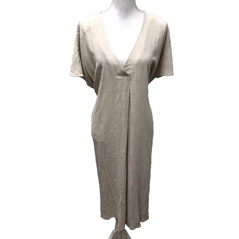 Luminary Linen Midi Dress Womens Medium Beige Boho Minimalist Old Money Neutral